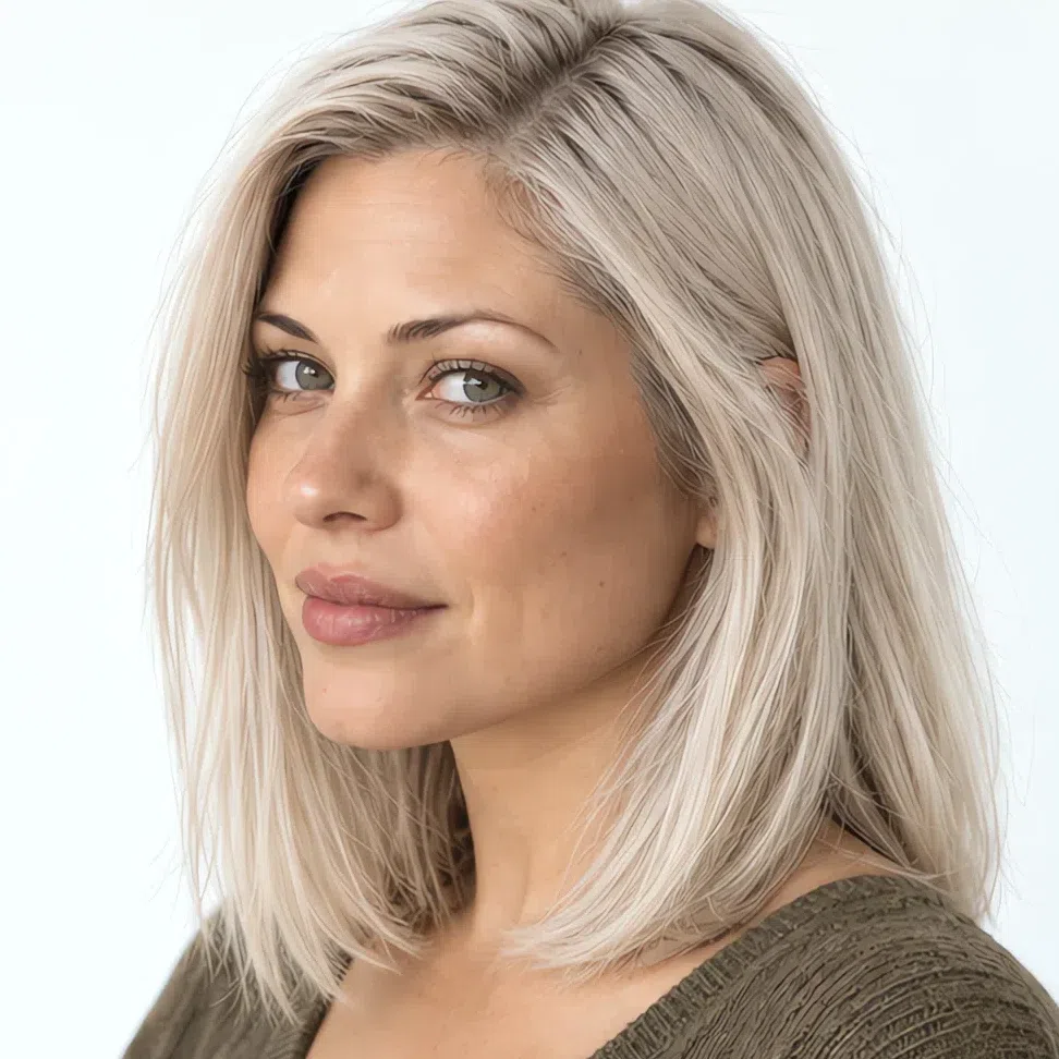 The same woman with icy platinum white hair, past her ceiling