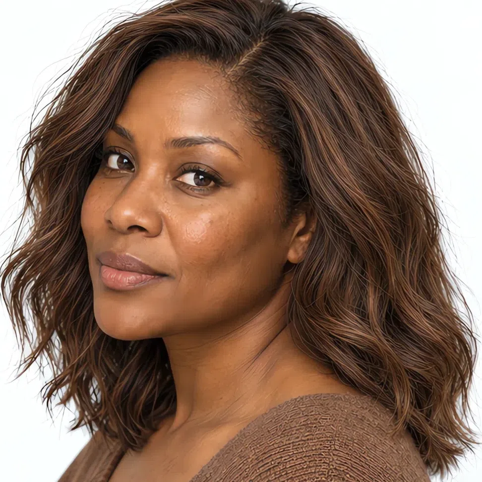 The same woman with hazelnut brown hair at level 6
