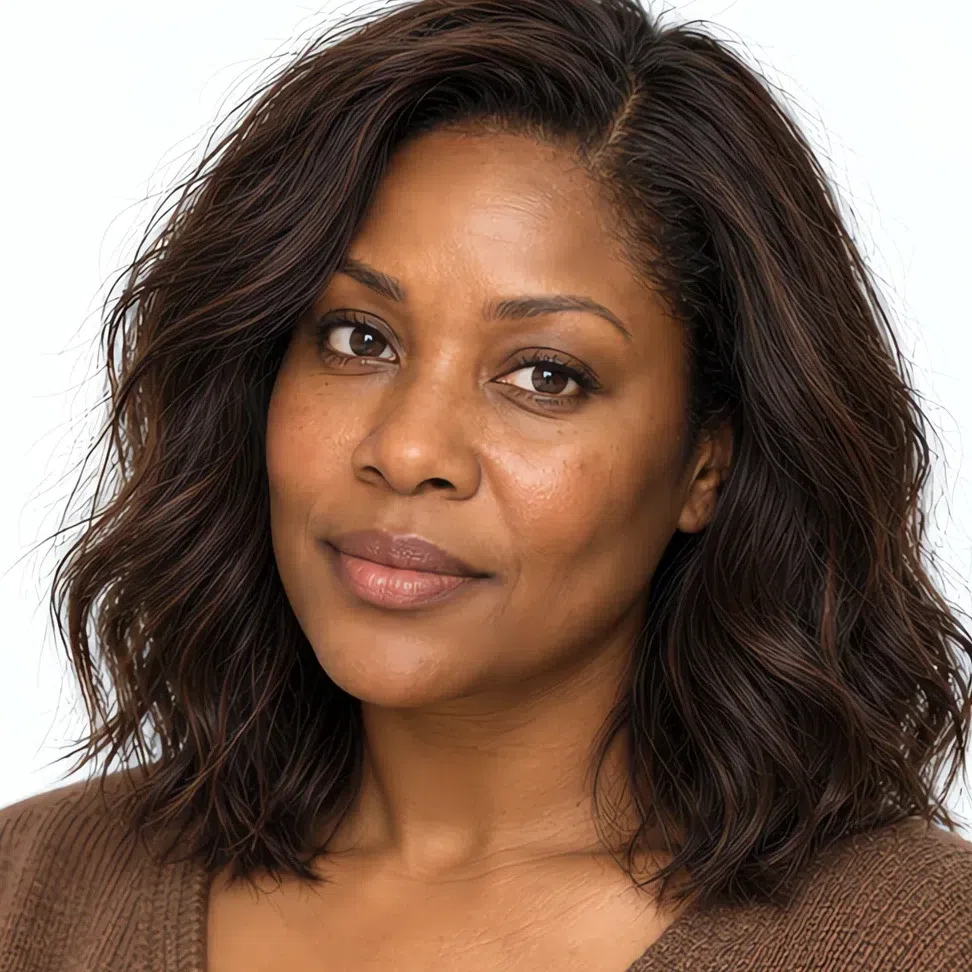 A Soft Autumn woman with deep skin and her natural level 4 dark brown hair