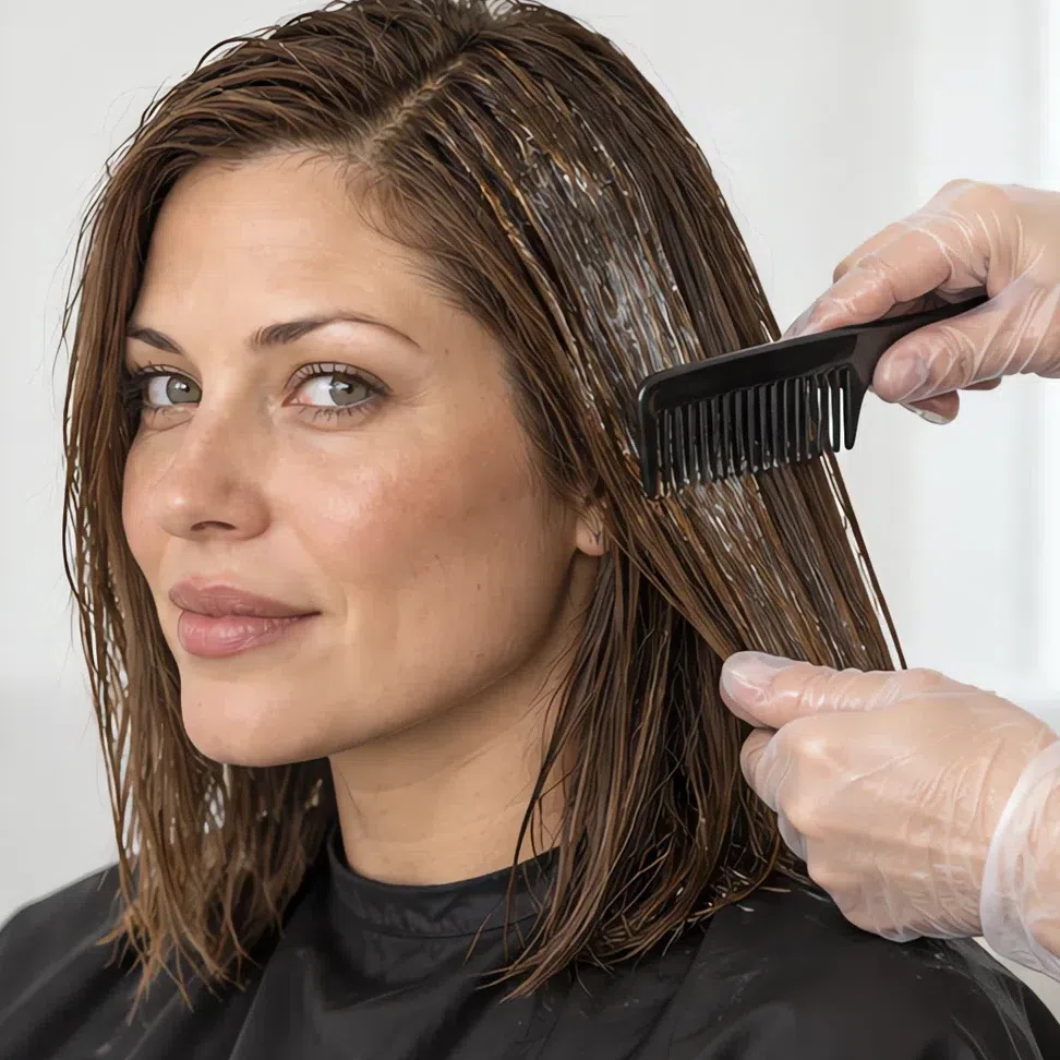 A woman having a warm gloss combed through her hair in a salon chair