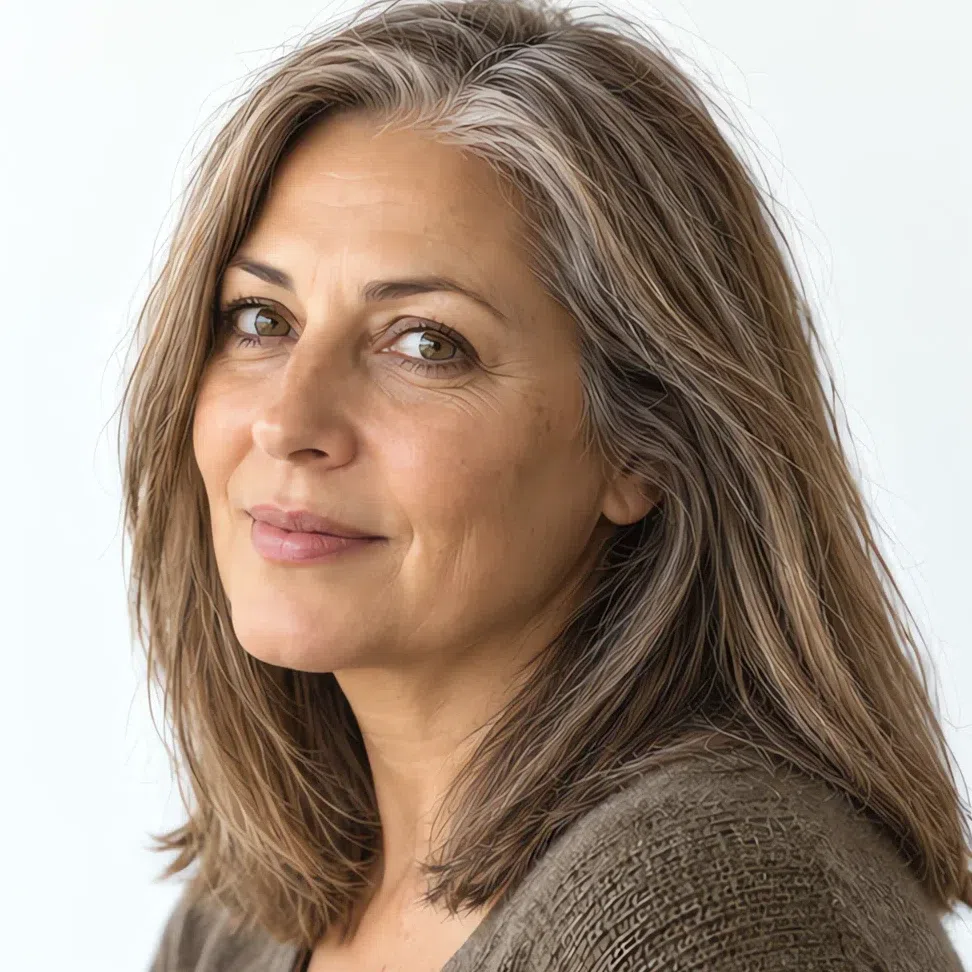 The same woman with warm brown lowlights blended through her silver