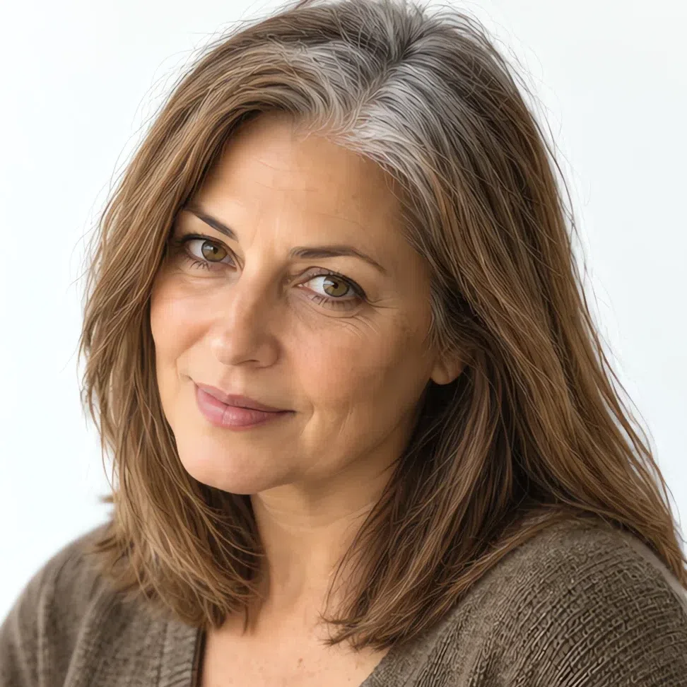 The same woman mid-transition, silver regrowth against a warm brown length
