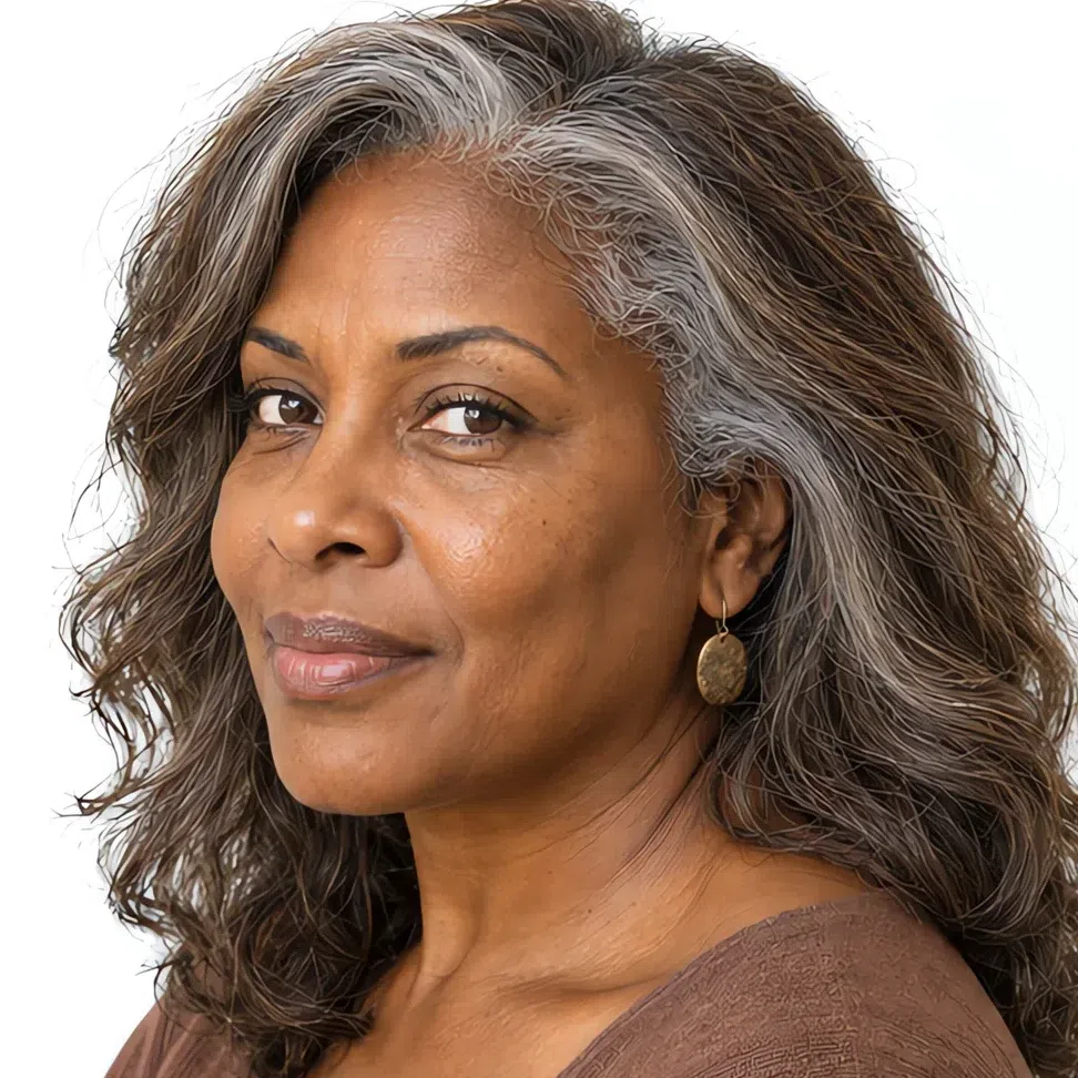 The same woman with warm brown lowlights blended through her silver