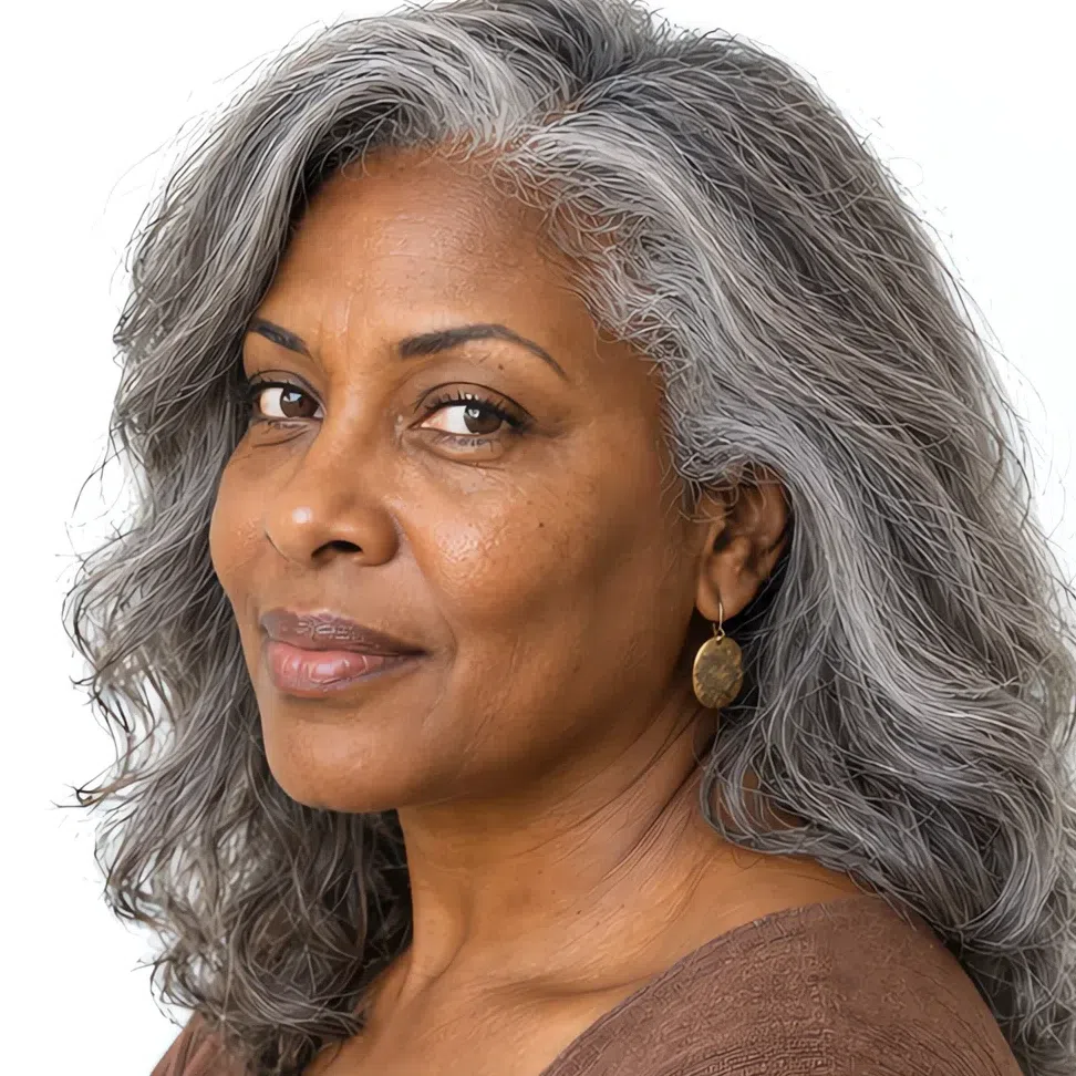 The same woman with fully silver-gray hair