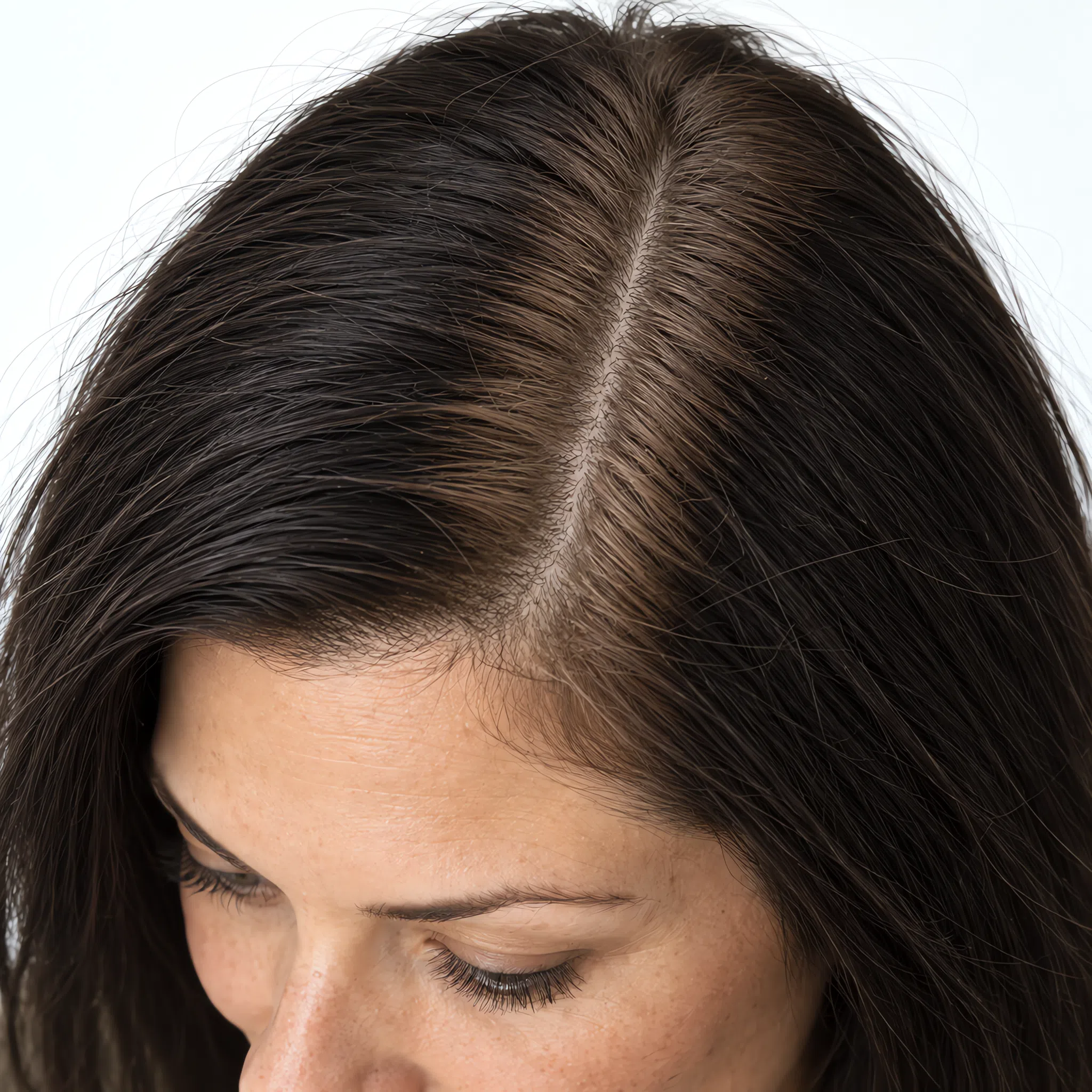 Level 6 mid brown regrowth against a near-black length, a stark light band along the parting