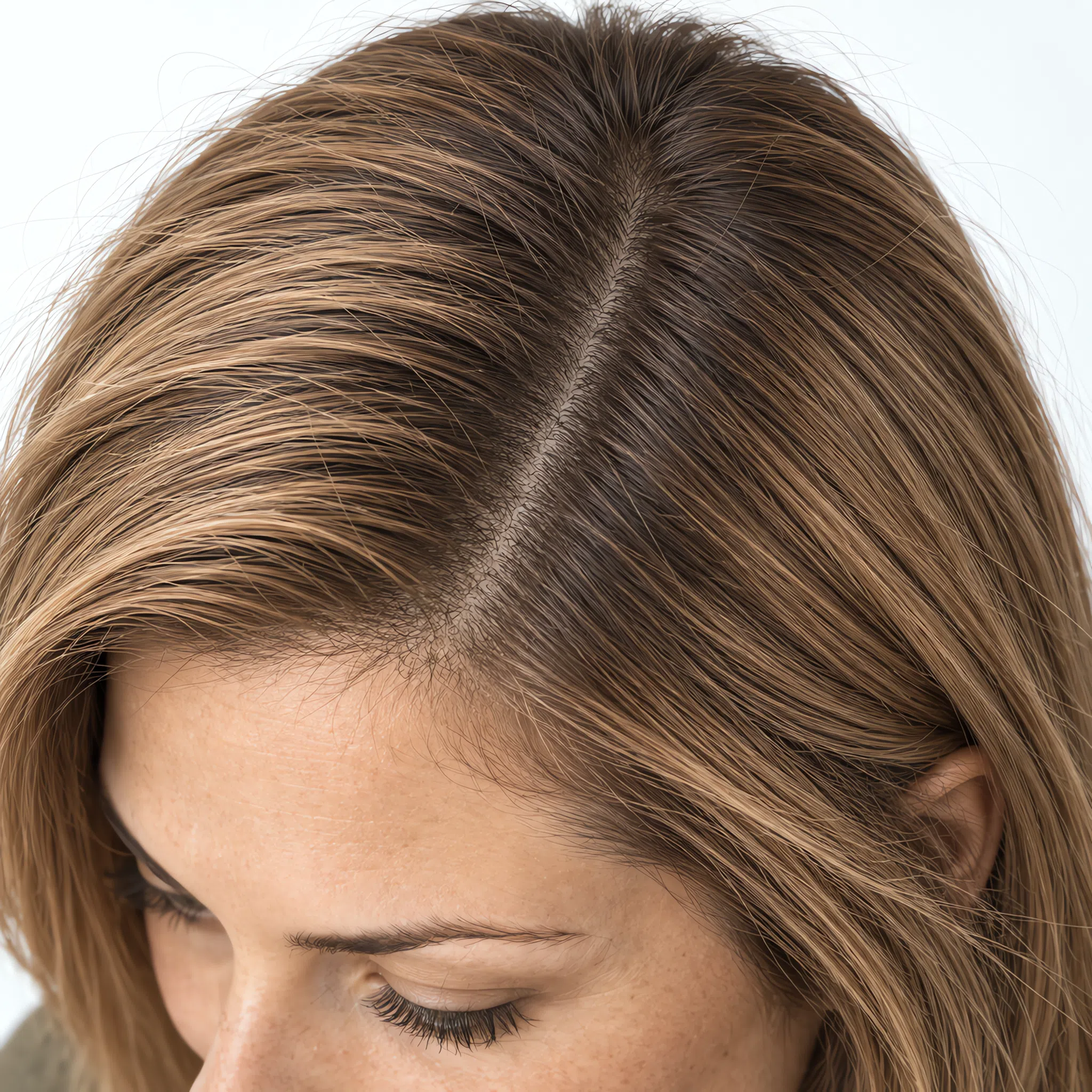 Level 6 mid brown regrowth against level 8 golden beige, a soft shadow along the parting