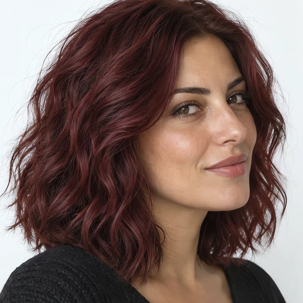 The same woman with deep cool burgundy hair
