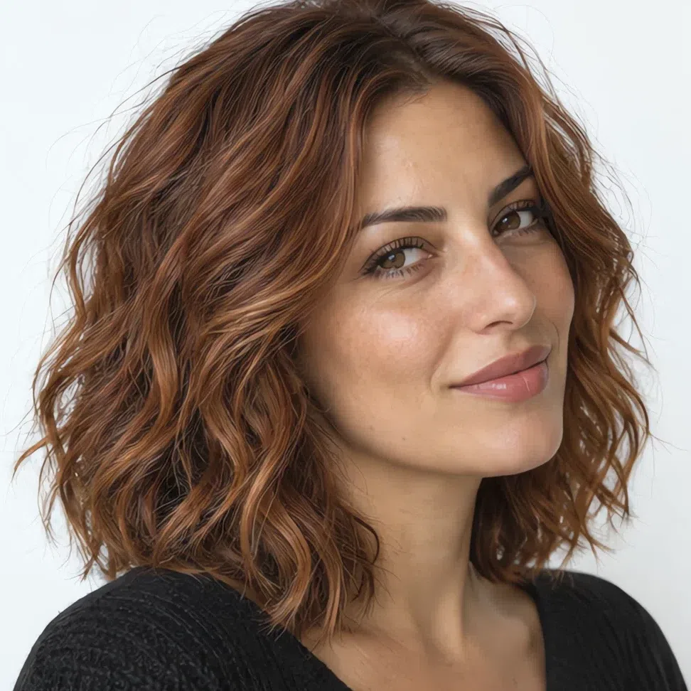 The same woman with an aged bronze copper balayage