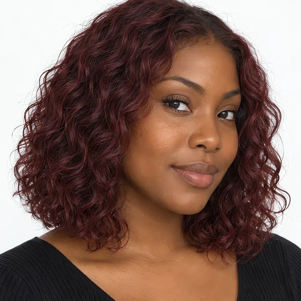The same woman with deep cool burgundy hair