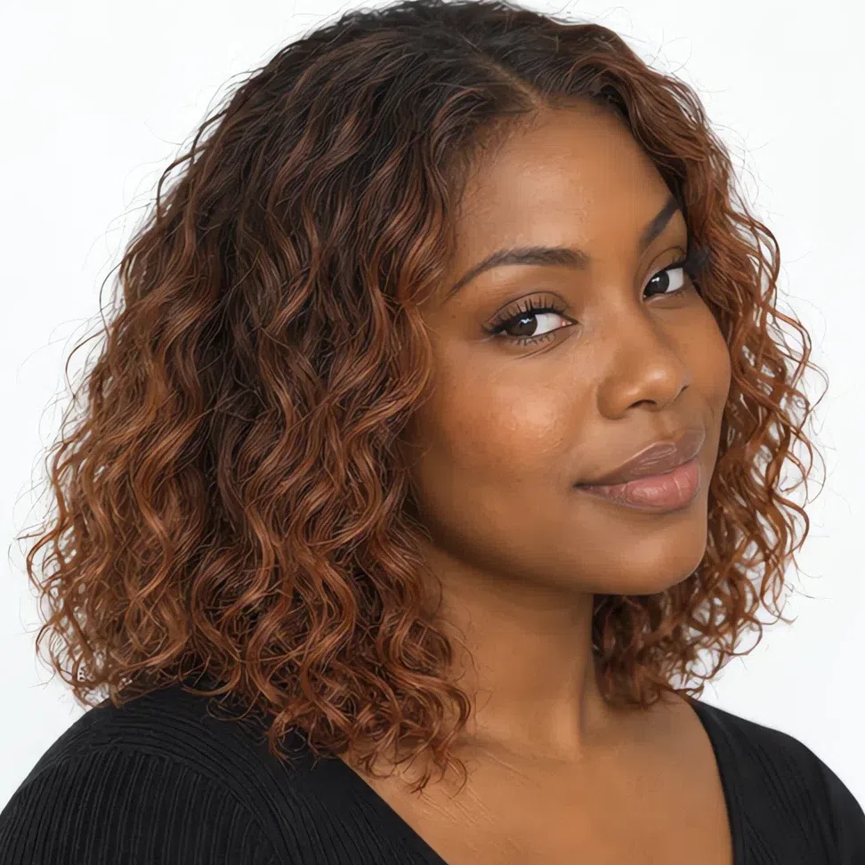 The same woman with an aged bronze copper balayage