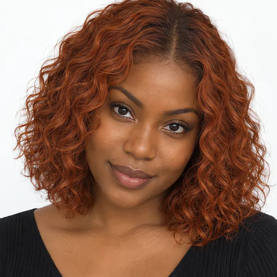 The same woman with fiery ginger hair at full saturation