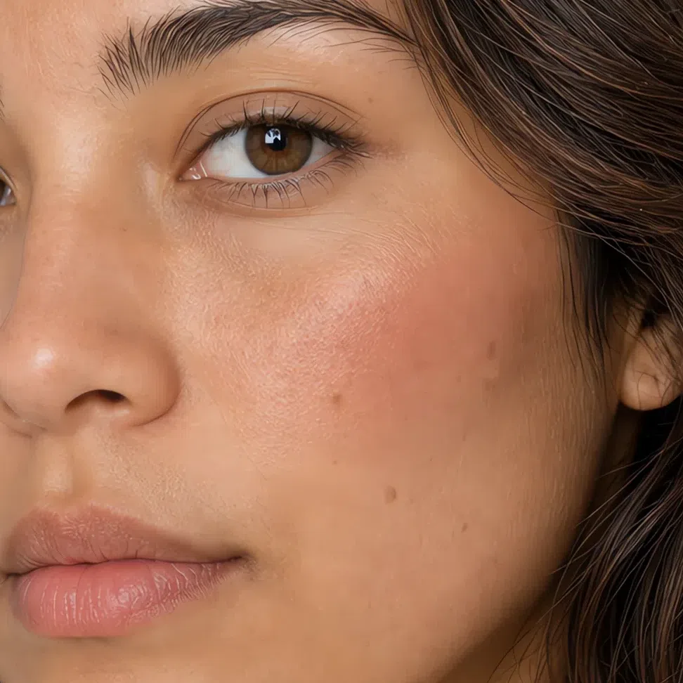 Rose beige blush blended high on a medium peach-beige cheek