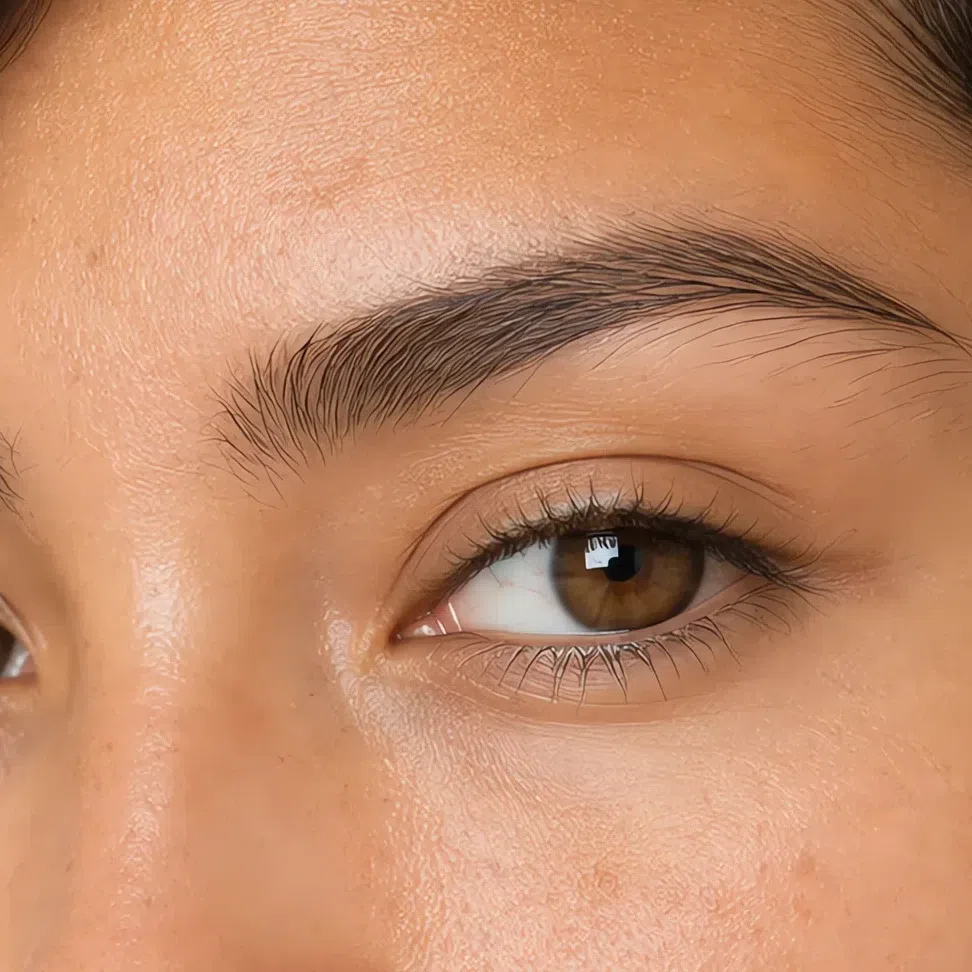 Acorn brow shade on medium peach-beige skin, Soft Autumn