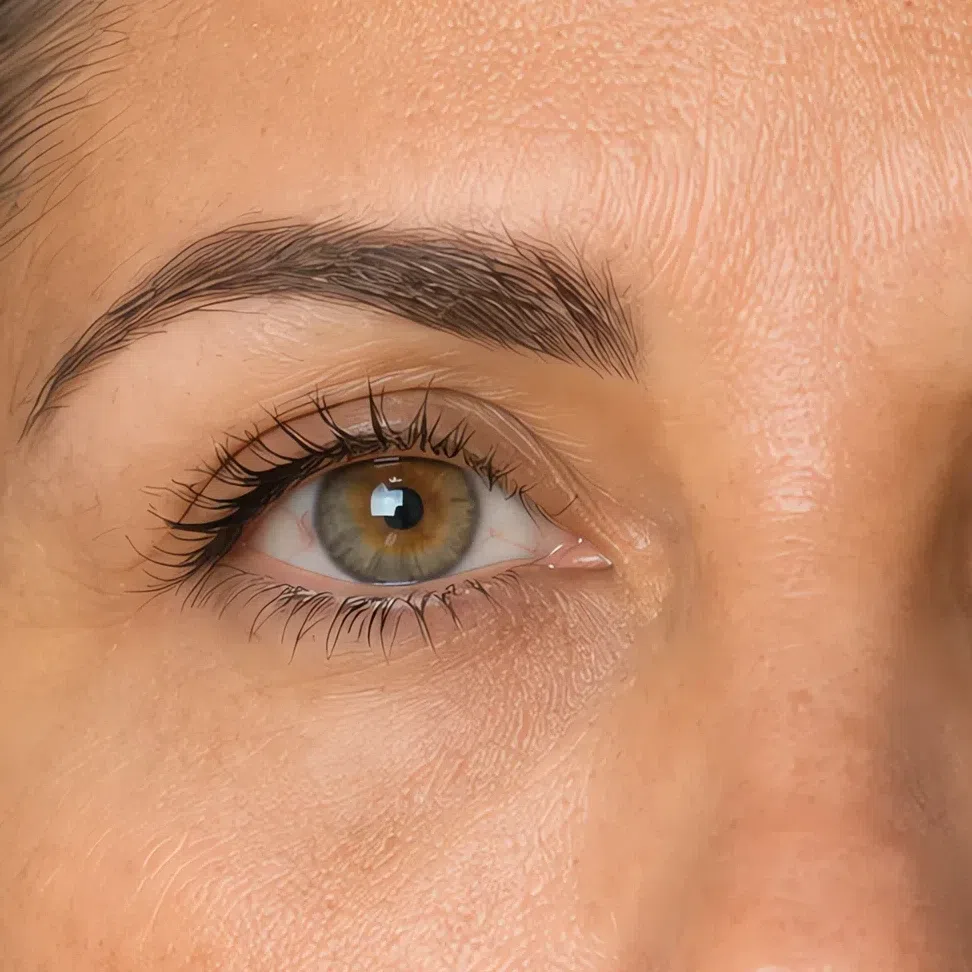 Driftwood brow shade on light olive skin, Soft Autumn