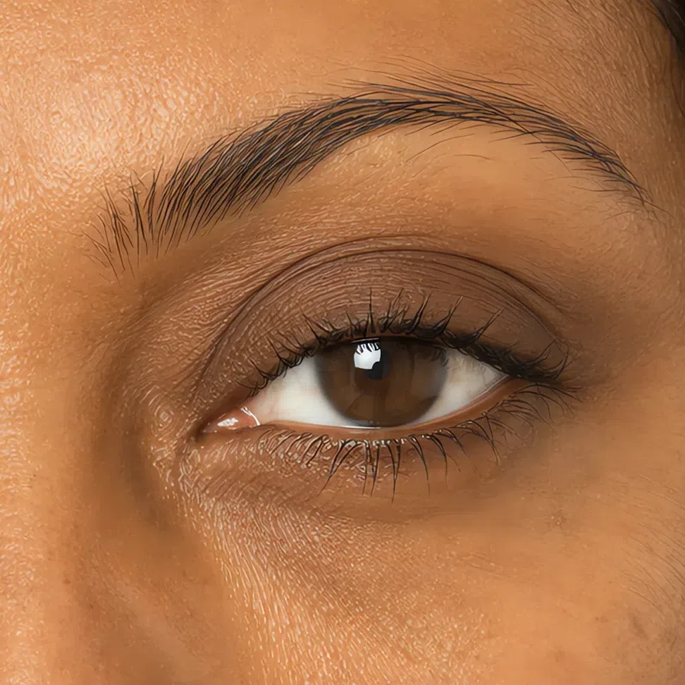 Soft Autumn daytime eye makeup on a deep complexion
