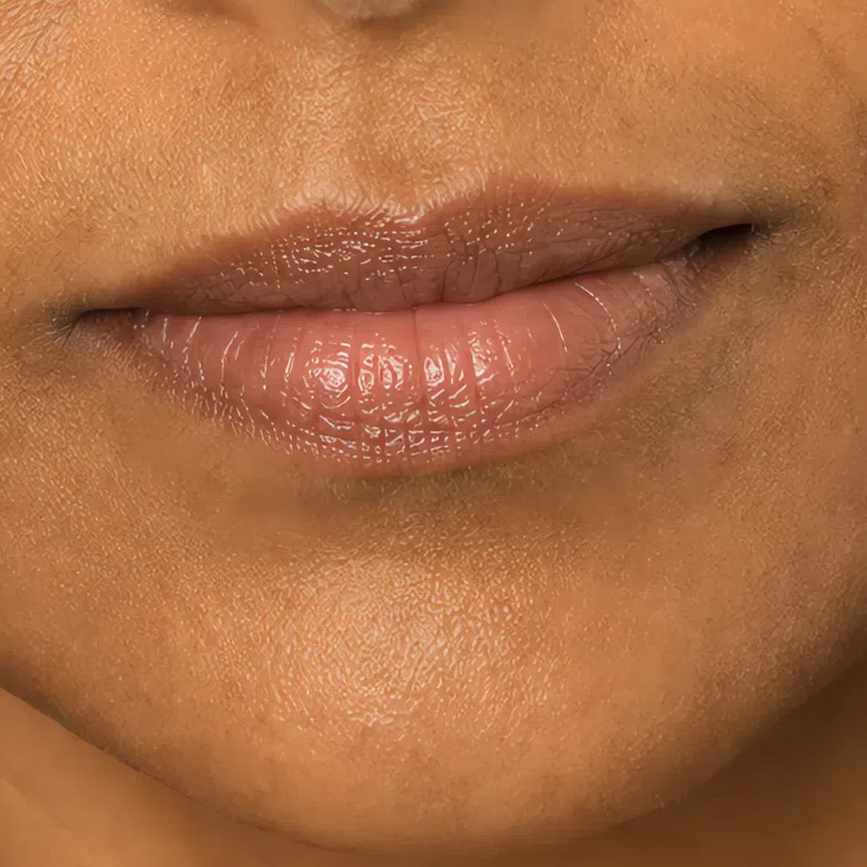 Soft Autumn daytime lip color on a deep complexion