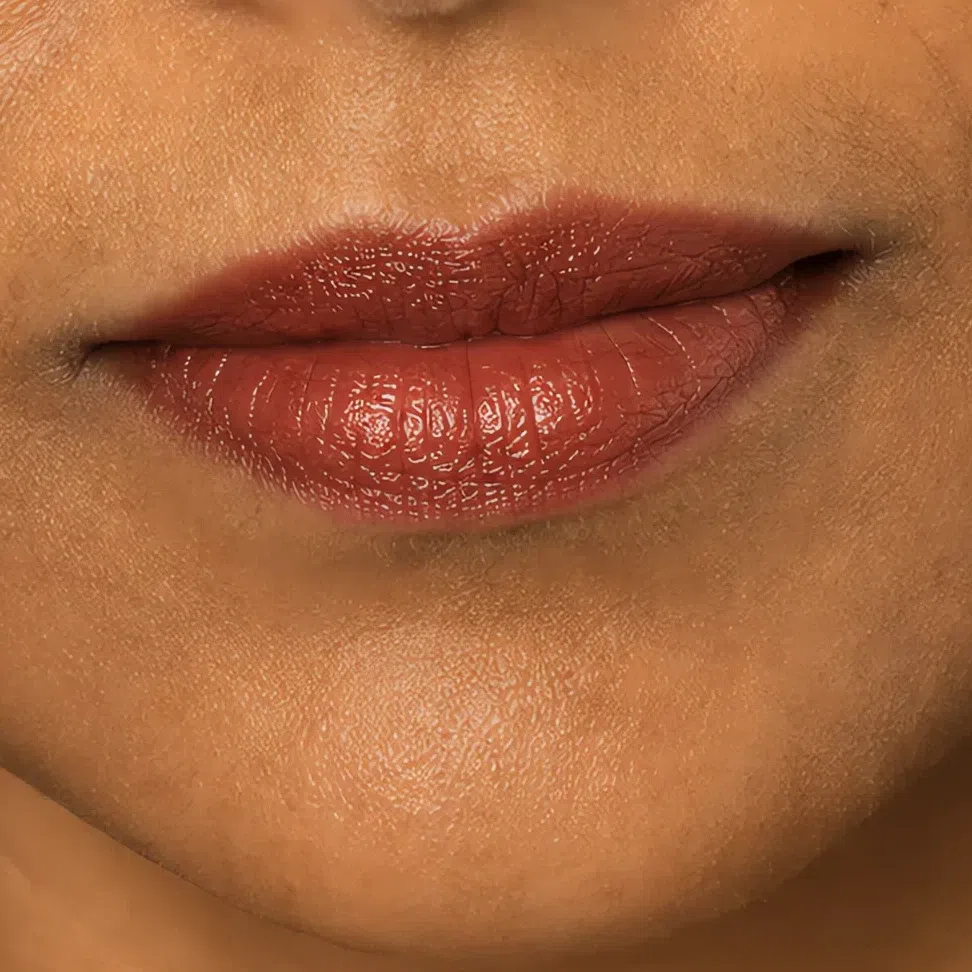 Soft Autumn evening lip color on a deep complexion