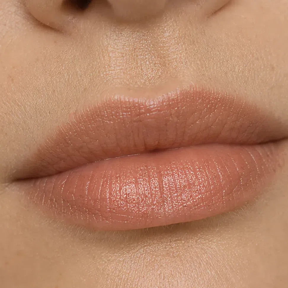 Soft Autumn daytime lip color on a light complexion