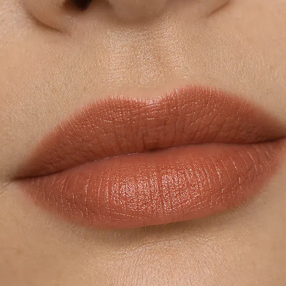 Soft Autumn evening lip color on a light complexion