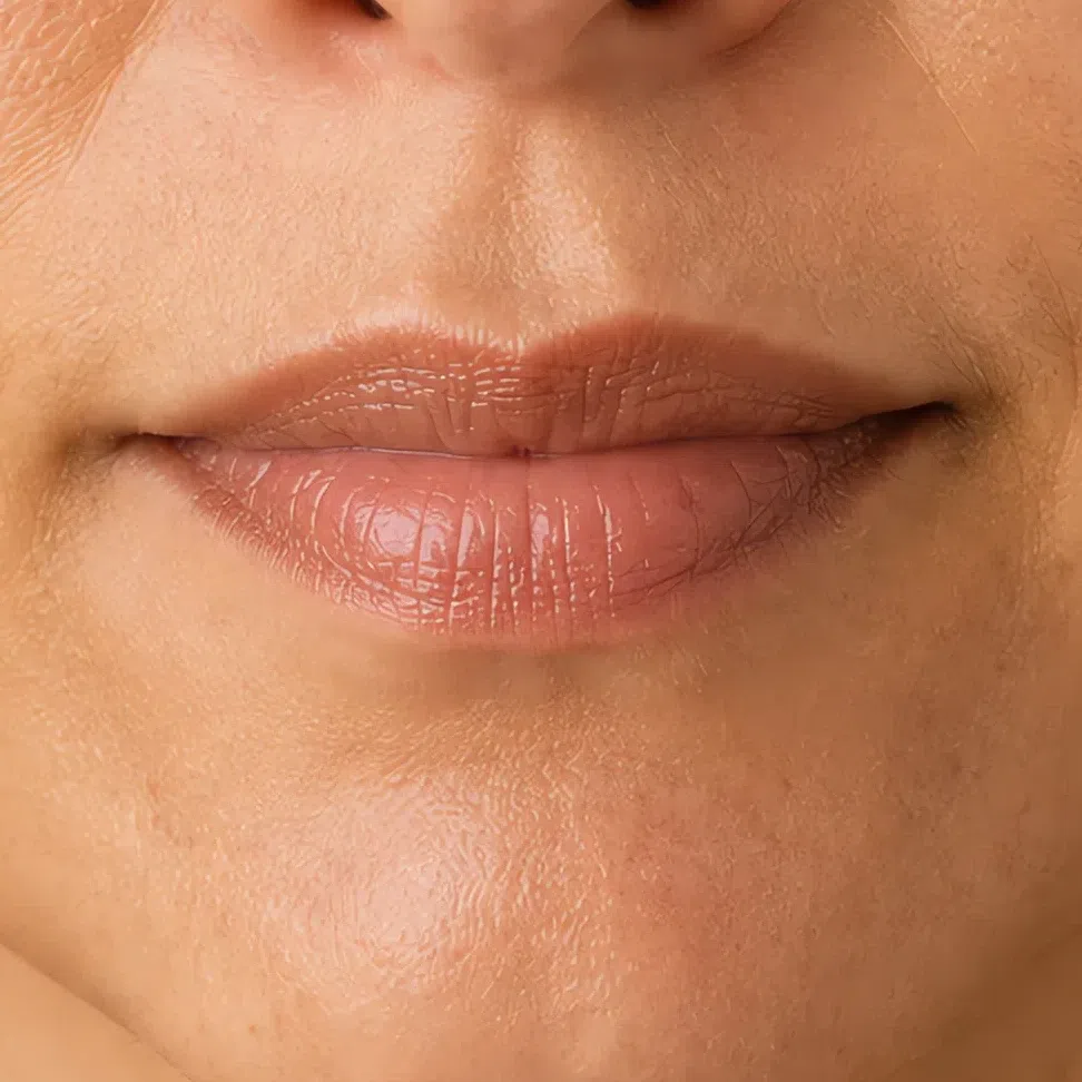 Soft Autumn daytime lip color on a medium complexion