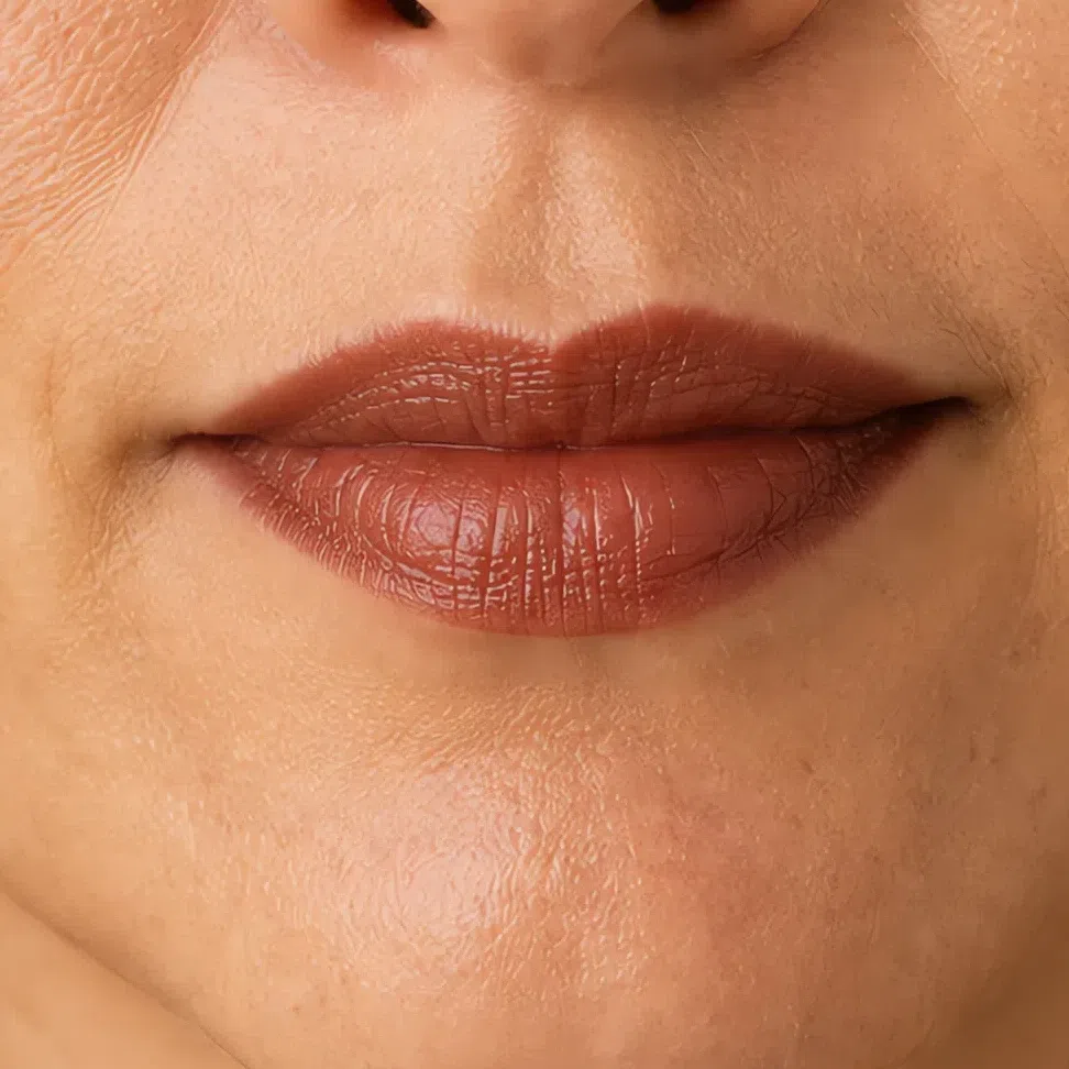 Soft Autumn evening lip color on a medium complexion