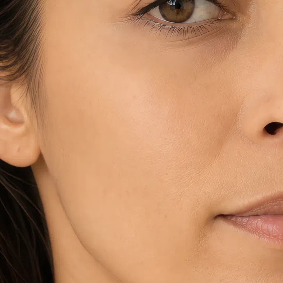 A full matte foundation finish, completely flat with the skin texture flattened out