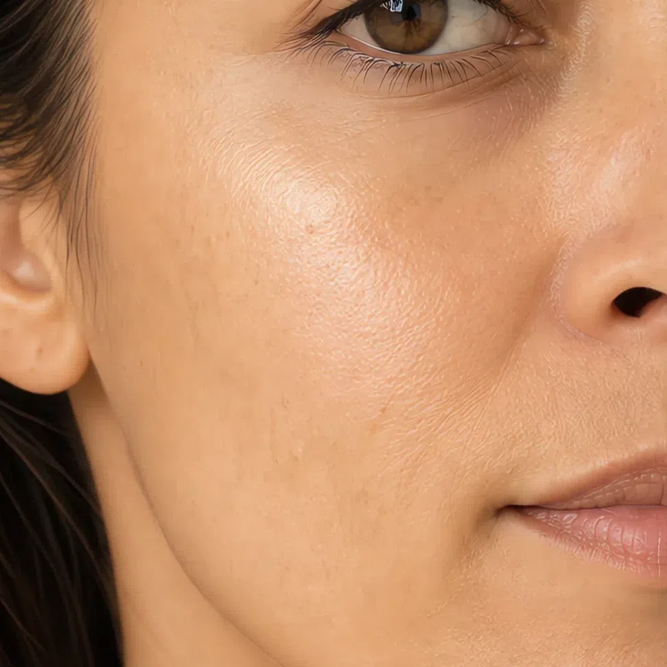 A satin foundation finish with light coming back off the cheekbone and the skin texture still visible
