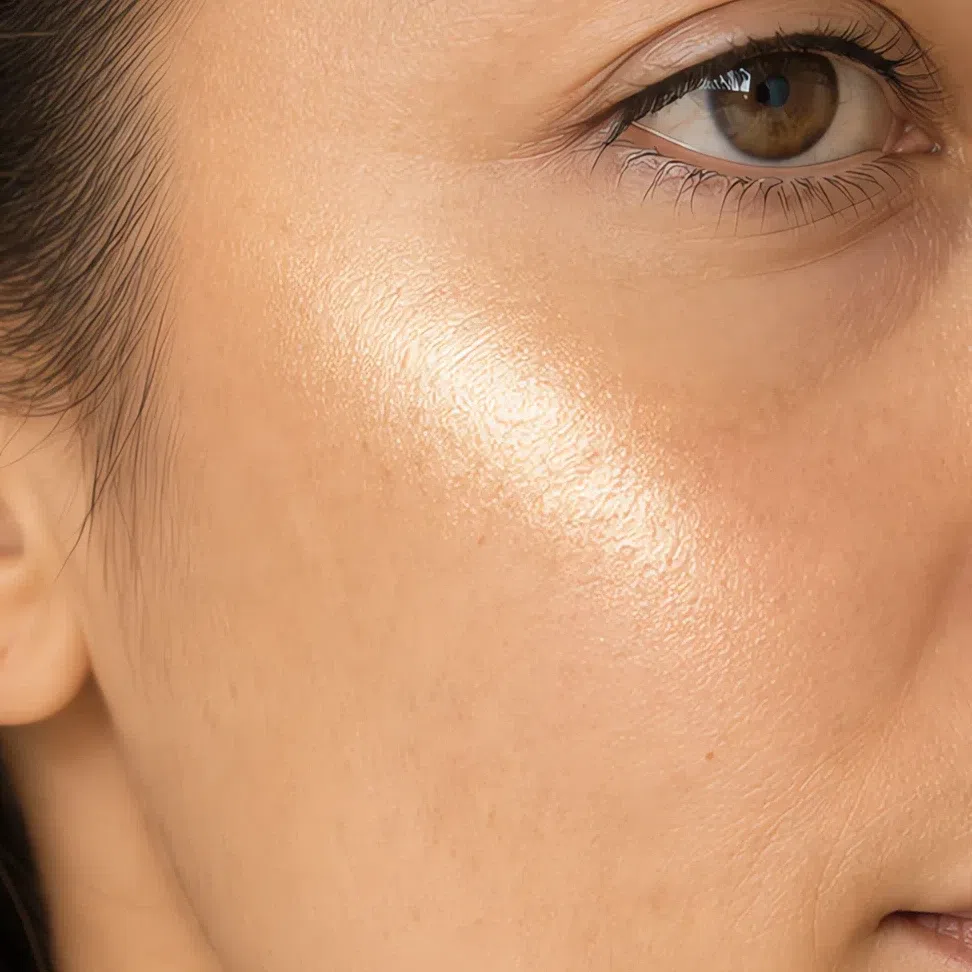 An intense metallic highlighter as a hard bright strip with a defined edge along the cheekbone
