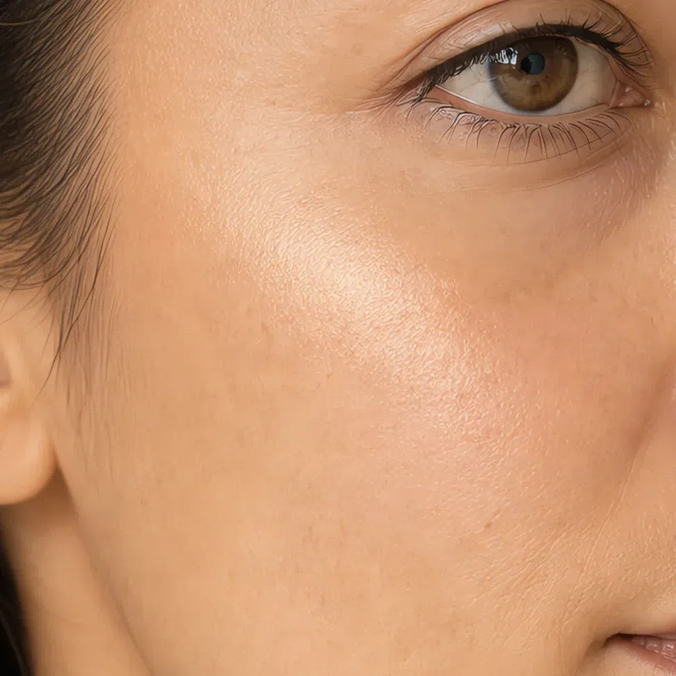 A soft warm pearl highlighter as a wide diffuse glow along the cheekbone