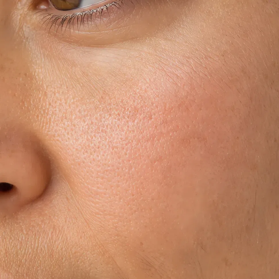 Cream blush sunk into the skin with the texture visible through it