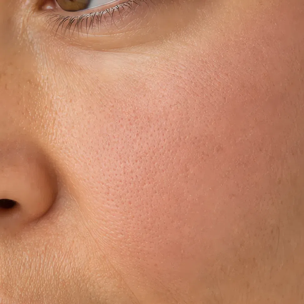 Powder blush sitting on top of the skin as a distinct layer with a visible edge