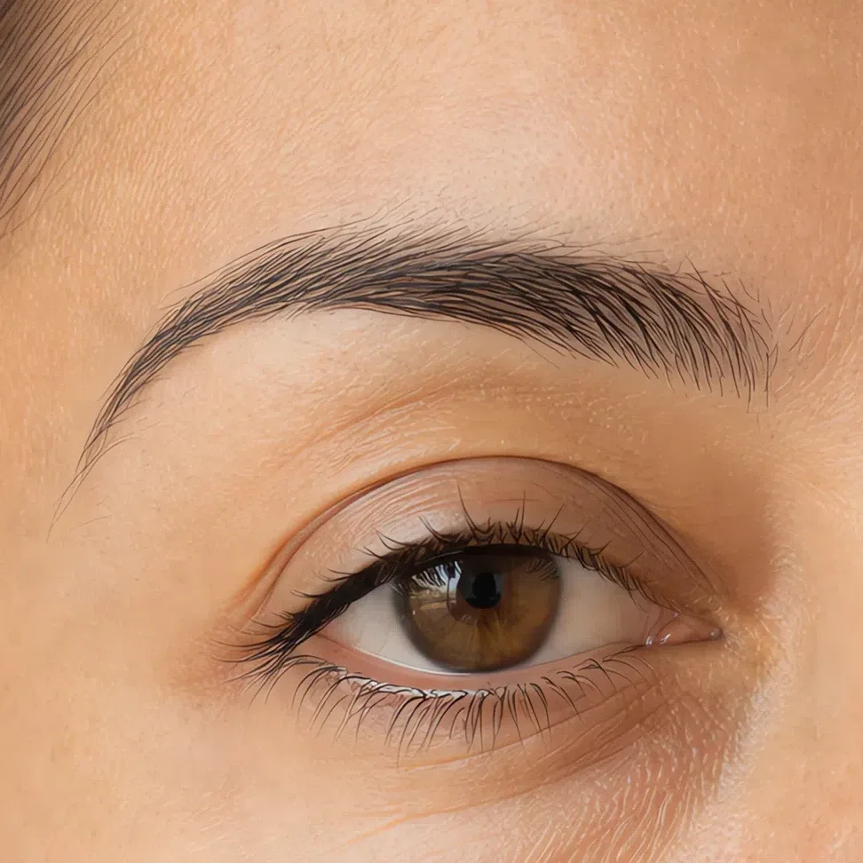 A brow filled with soft matte powder, individual hairs visible and the edge fading out