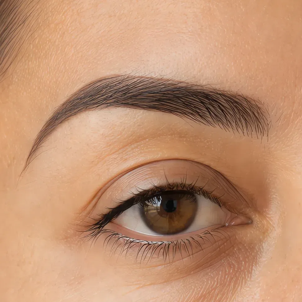 A brow drawn with a waxy pencil, a solid outlined shape with a sheen along the line