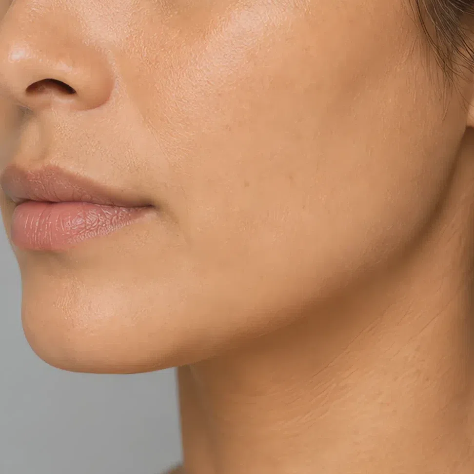 Neutral-warm foundation on medium peach-beige skin, Soft Autumn