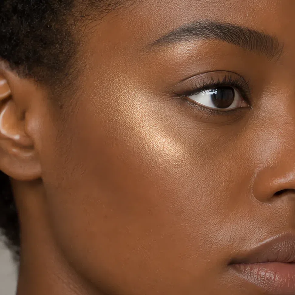 Bronzed gold highlighter on deep warm brown skin, Soft Autumn