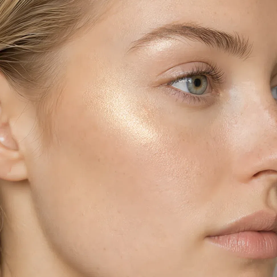 Cream gold highlighter on fair ivory-beige skin, Soft Autumn