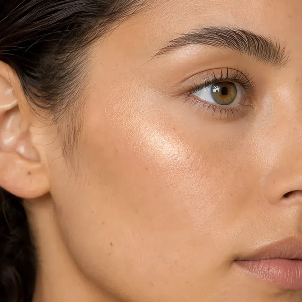 Light olive cheekbone in close-up, lit with a soft peach pearl highlighter