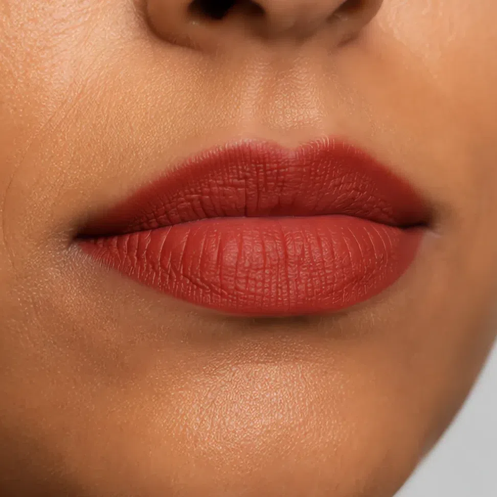 Brick lipstick in a cream finish on medium peach-beige skin