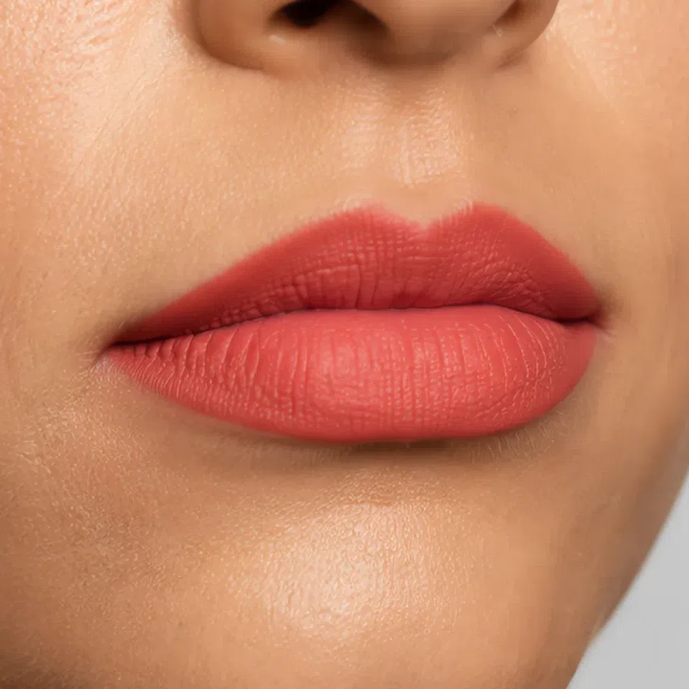 Persimmon lipstick on fair ivory-beige skin, Soft Autumn