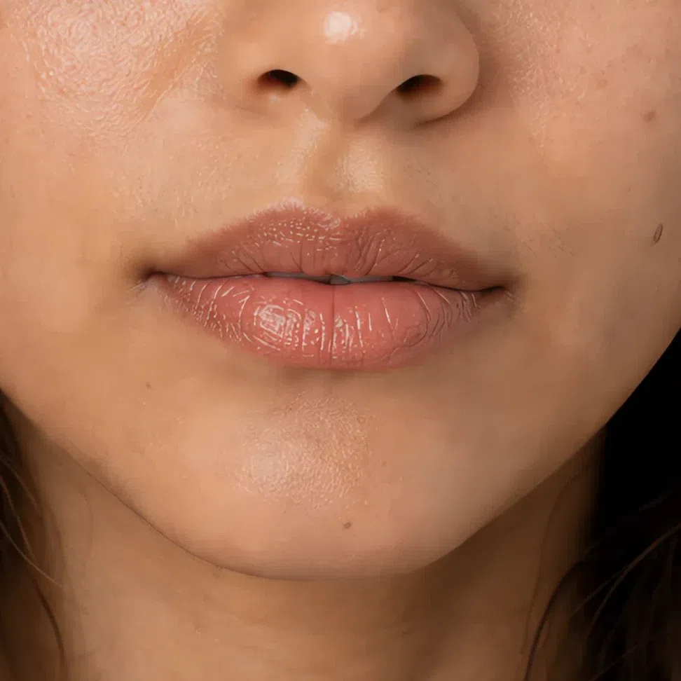 Toffee nude lipstick on medium peach-beige skin, Soft Autumn