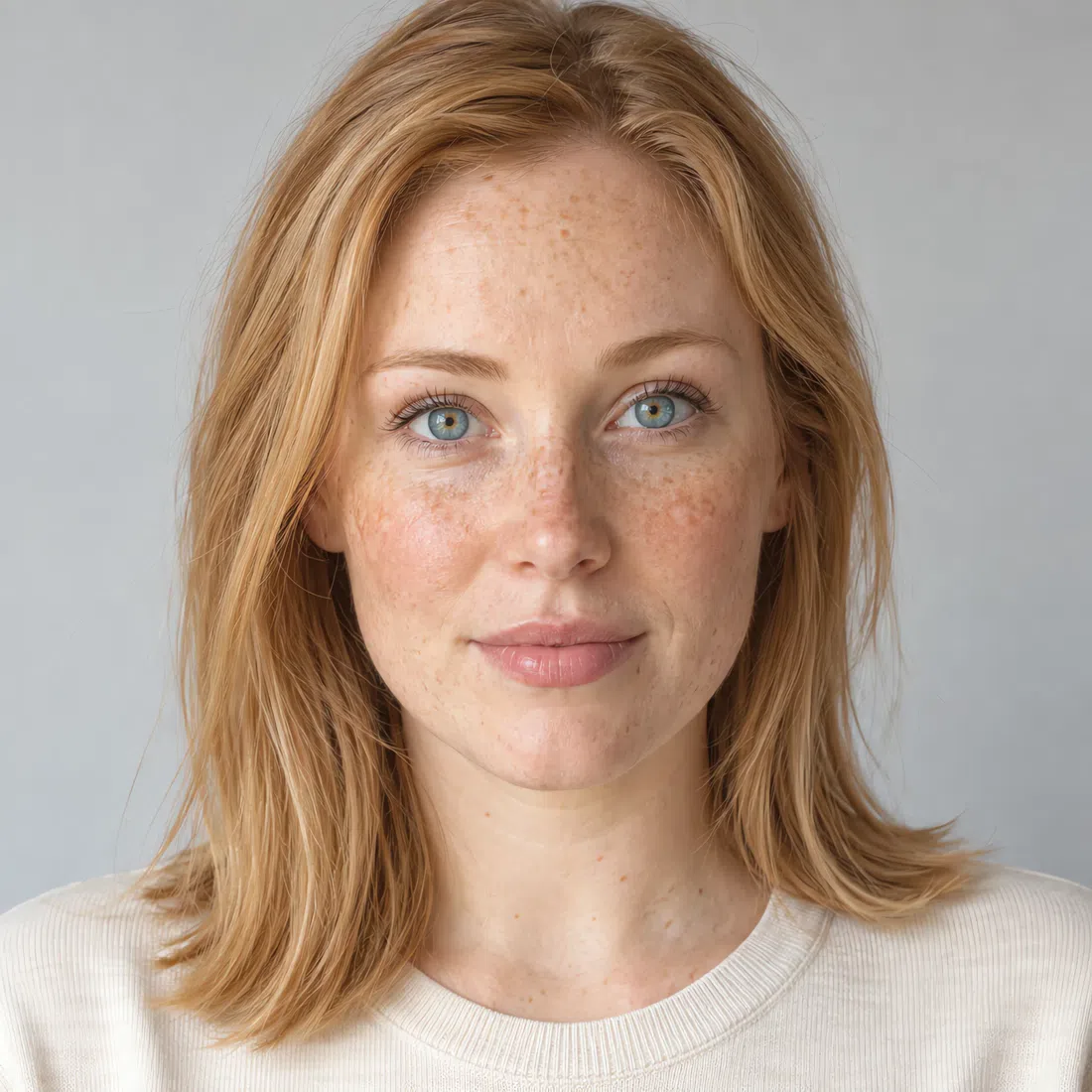 A fair Light Spring woman with golden freckles, strawberry blonde hair and aqua eyes, in a plain light top