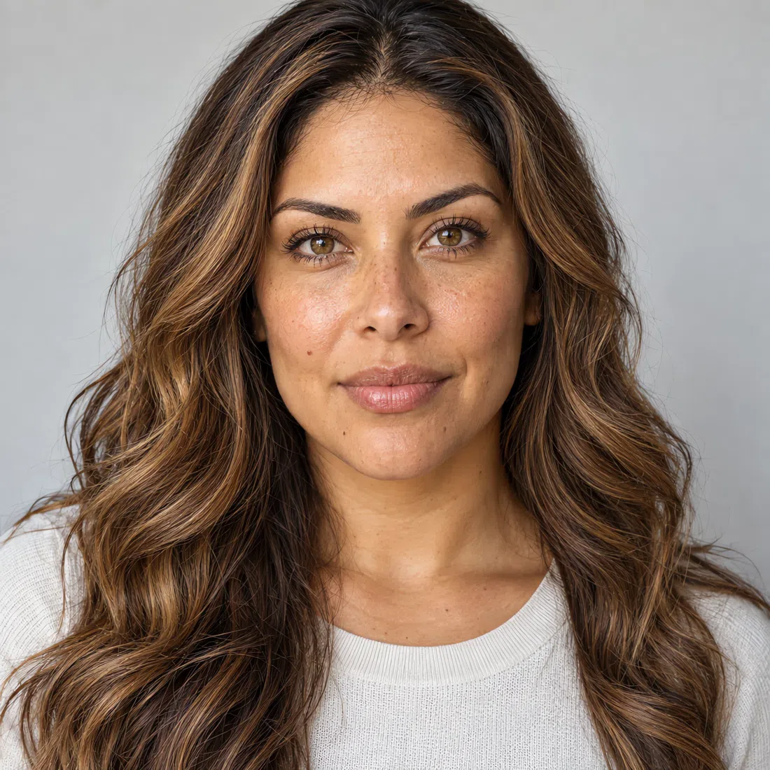 A Bright Spring woman with medium golden-beige skin, dark warm brown hair with caramel highlights and light brown eyes