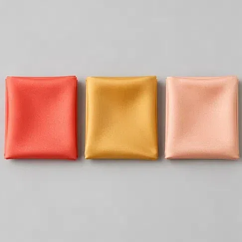 Three silk squares in a row - clear coral, warm gold and soft peach