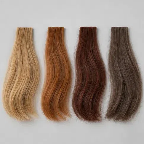 Three warm golden-to-copper hair swatches with a cool ash brown one at the end