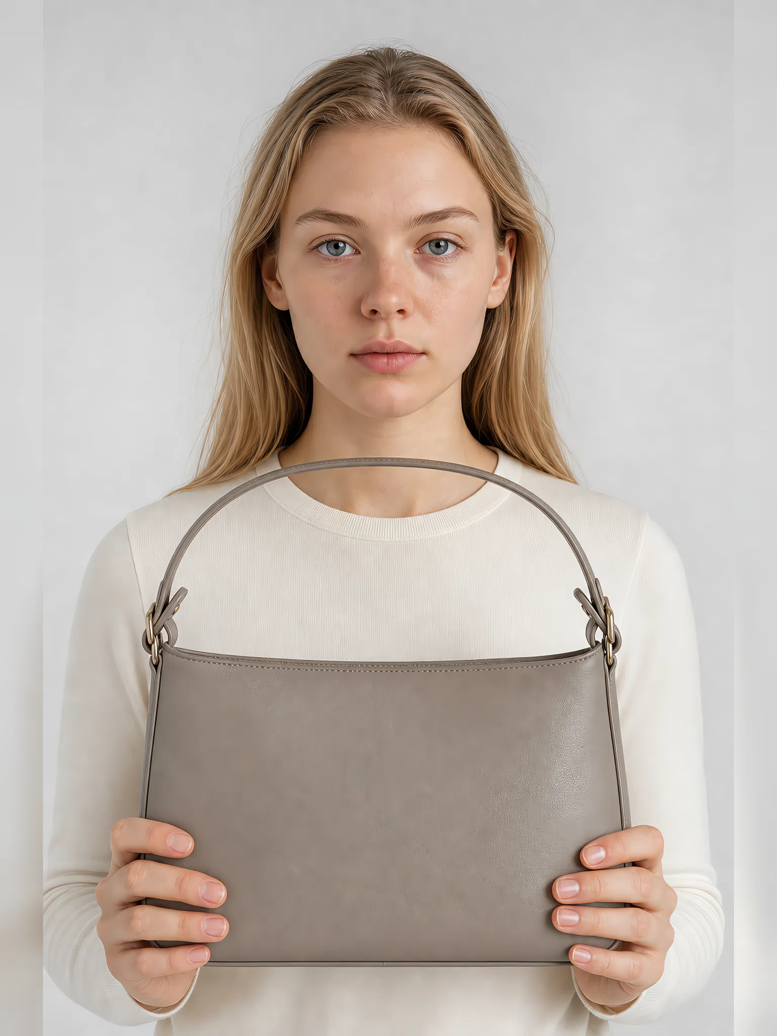 Soft Summer model with a leather bag, accent color try-on
