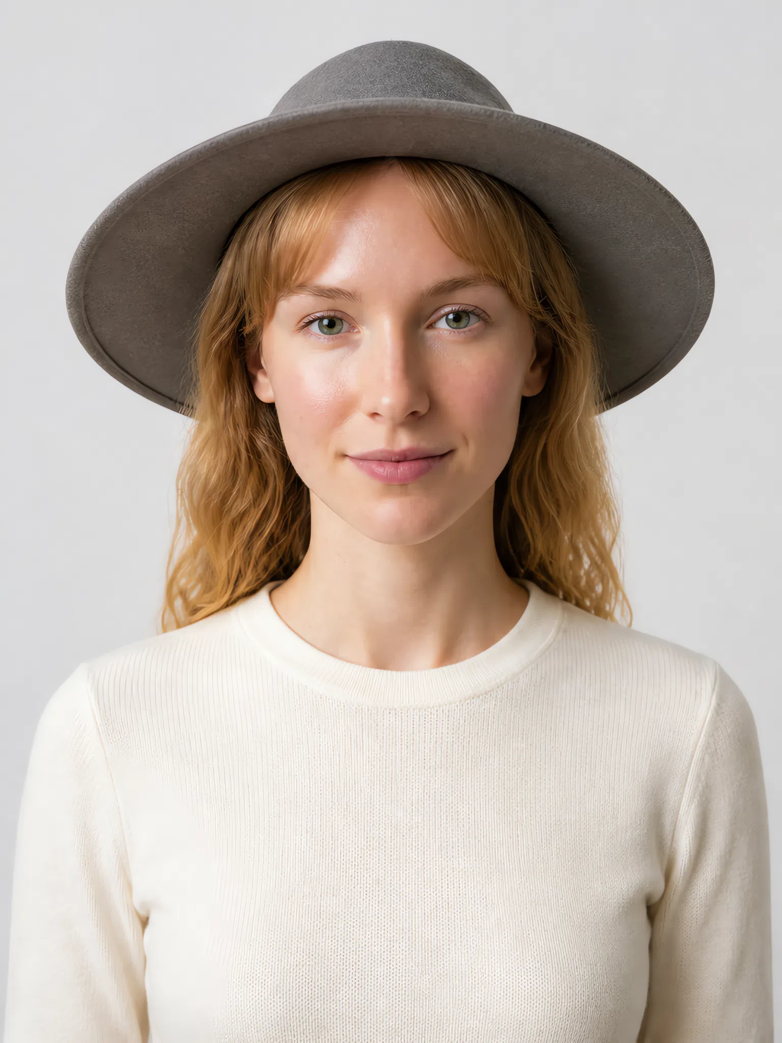 Soft Summer model in a felt hat, accent color try-on