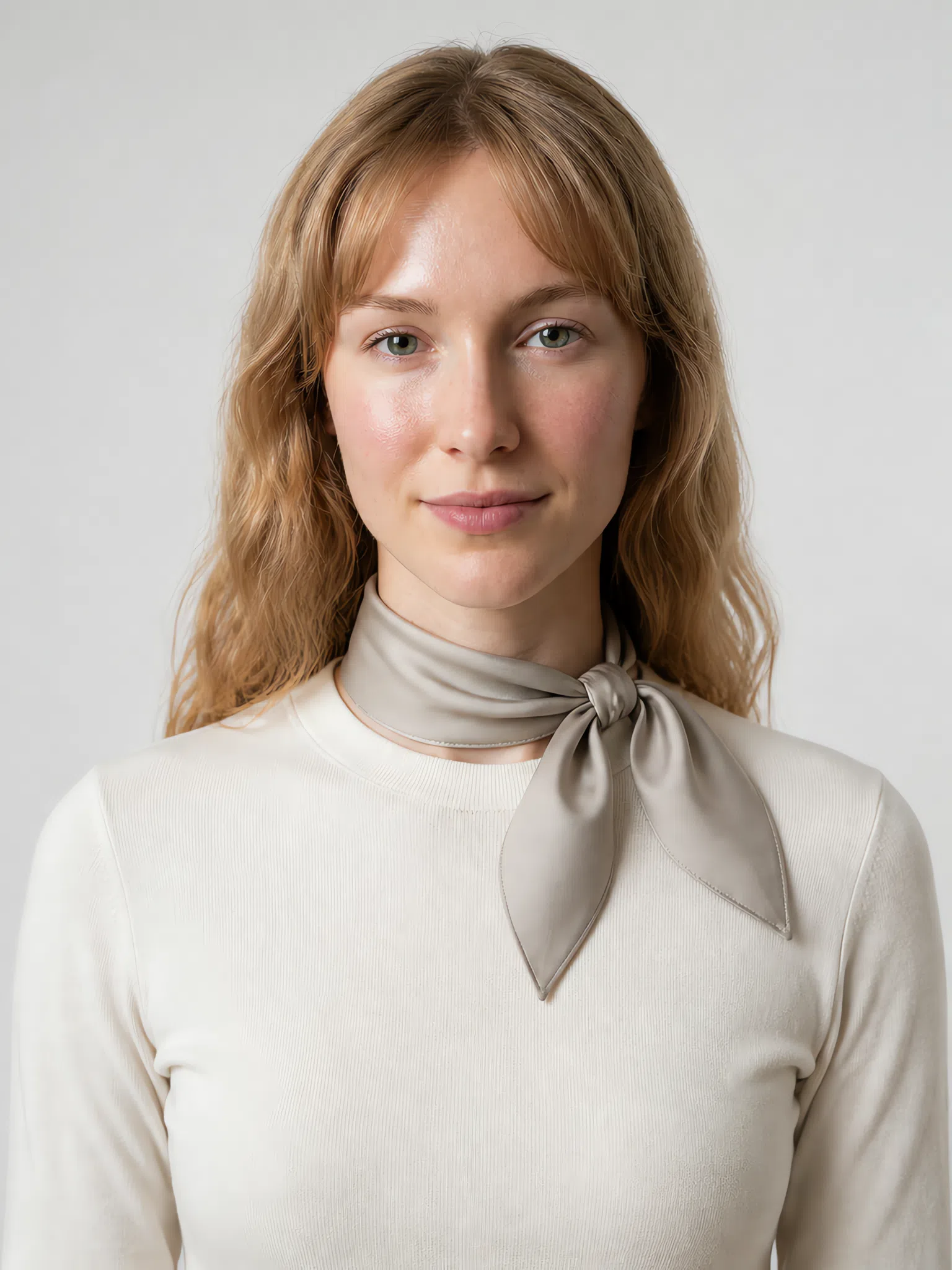 Soft Summer model in a silk kerchief, accent color try-on