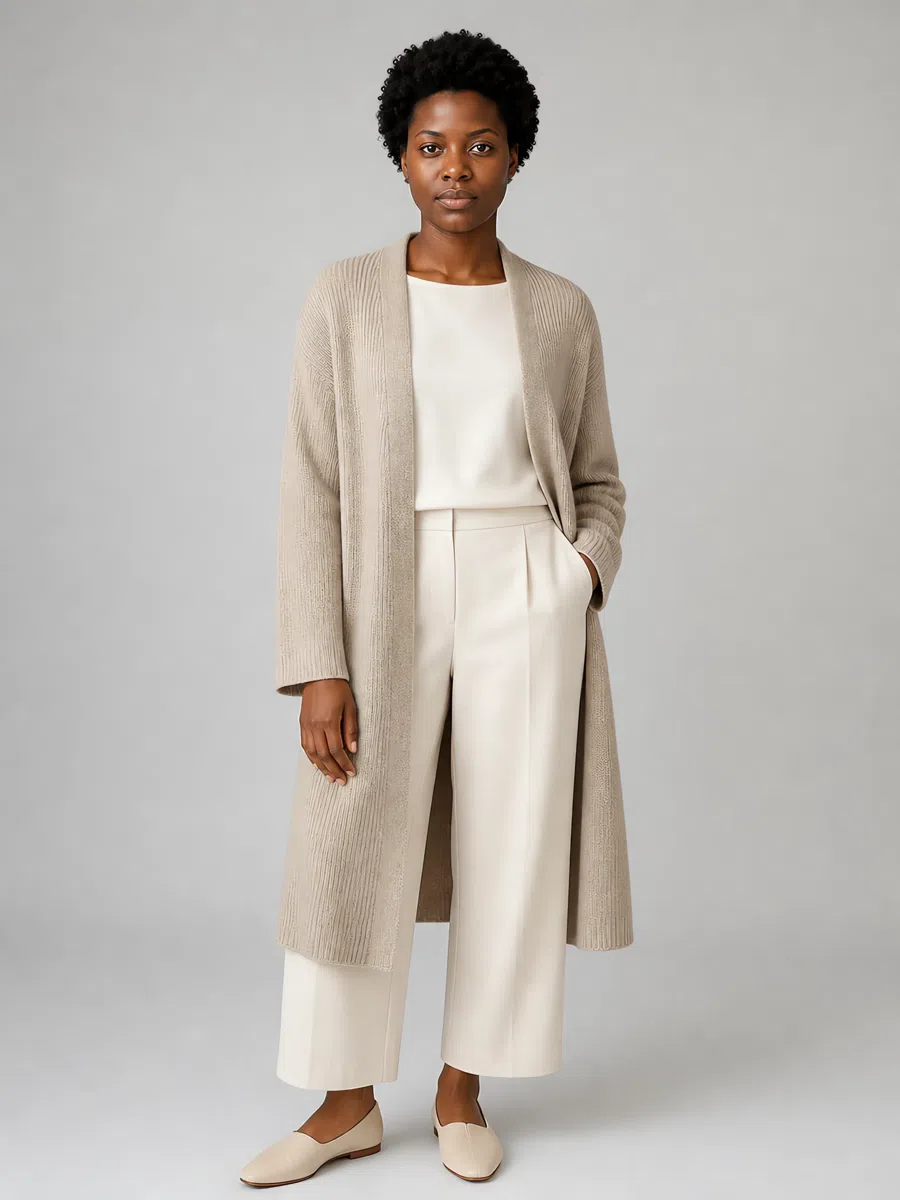 Soft Summer beige cardigan, Deep complexion
