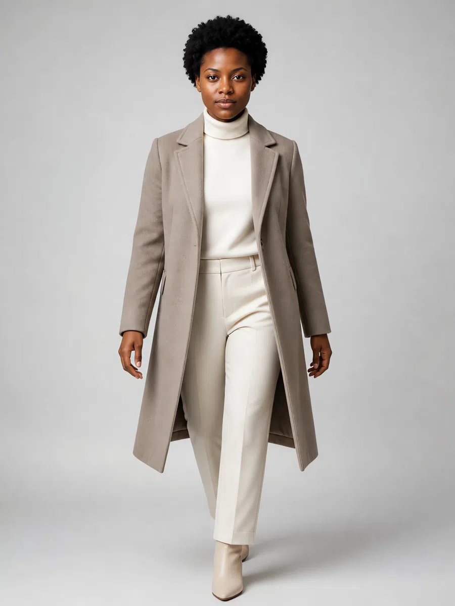 Soft Summer camel coat in muted beige-gray, Deep complexion