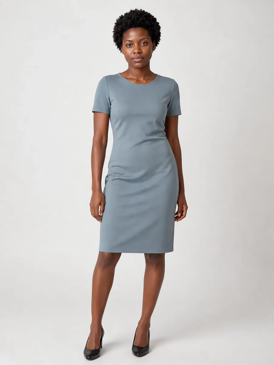 Soft Summer sheath dress in muted gray-blue, Deep complexion